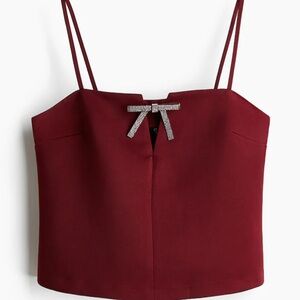 Divided Elegant Burgundy Satin Dress with Rhinestone Bow Detail – Medium Size